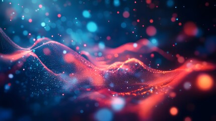 A high-resolution website hero image with modern, trendy vibes, featuring tech waves and data transmitting effects. The red, blue, and darkish tones create a dynamic, futuristic atmosphere.