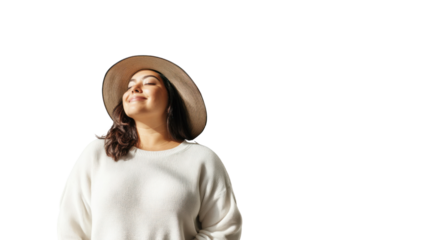 Woman in Hat basking in Sunshine: A woman, wearing a wide-brimmed hat and a white sweater, closes her eyes and leans back, basking in the warm glow of the sunlight.