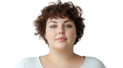 Confident and Composed: A close-up portrait of a woman with short, curly brown hair and piercing blue eyes. Her expression is strong and determined.