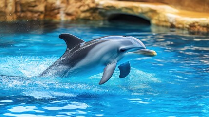 A dolphin leaps gracefully from the water, showcasing its agility and beauty.