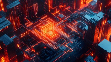 The image depicts a futuristic cityscape with a cyberpunk aesthetic. It features tall buildings illuminated by vibrant, glowing lines and patterns in shades of red and orange.