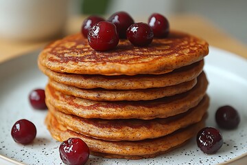 A close-up of a stack of whole-grain pancakes with fresh berries