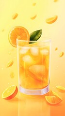 A freshly squeezed orange juice in a clear glass, surrounded by a soft yellow gradient background