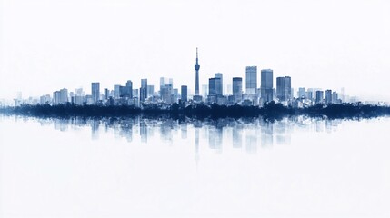 Obraz premium Stylized city skyline reflected in water, minimalist design.