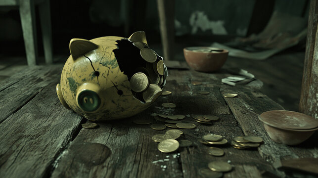 Broken piggy bank with coins scattered around, symbolizing financial struggle and the need for careful budgeting and saving.