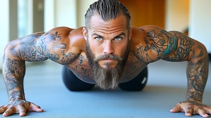 A fit individual performing push-ups in a minimalist home gym setup