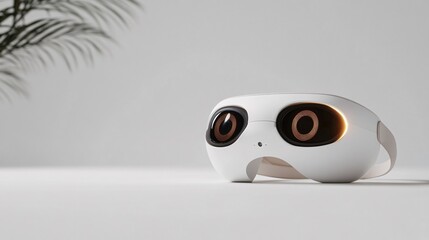 Obraz premium White VR headset with glowing lenses rests on a minimalist white surface next to a palm frond.