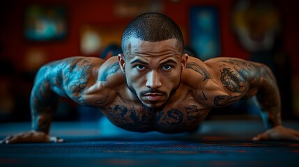 A fit individual performing push-ups in a minimalist home gym setup