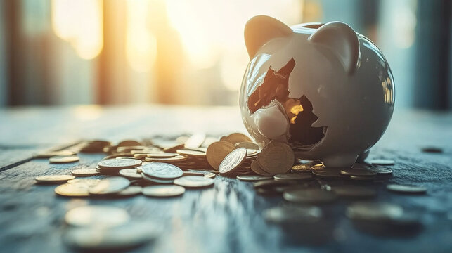 Broken piggy bank with coins scattered around, symbolizing financial struggle and the need for careful budgeting and saving.