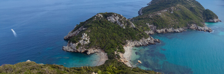 Panorama of Porto Timoni beach at Greek island Corfu.