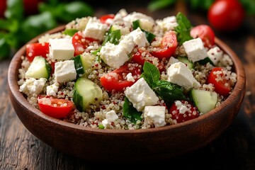 A freshly prepared quinoa salad with cherry tomatoes, cucumbers, and feta cheese