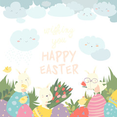 Easter bunnies and easter egg. Vector illustration