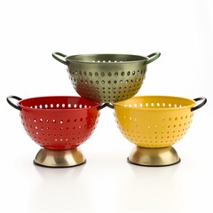 Stack of colorful metal colanders in red, green, and yellow on a white background. Studio product photography. Kitchenware and food preparation concept.