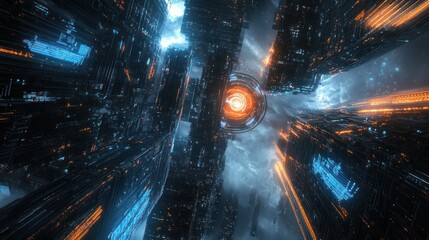 Fototapeta premium A futuristic cityscape with glowing structures and a central orb, evoking a sci-fi atmosphere.