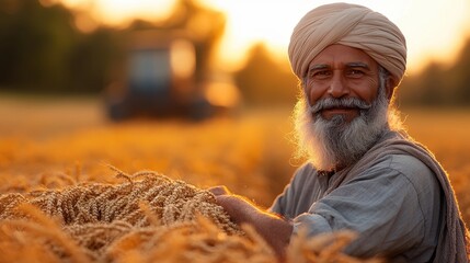 Indian Farmer in the Middle of a Wheat Field at Harvest Time