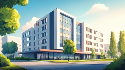 Modern Office Building With Green Landscaping And Sunny Sky