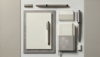 A simple and elegant flat lay design of stationery items, including a pen, notebook, and paper