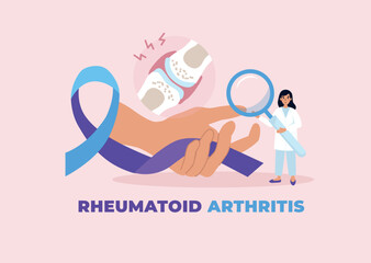 Doctor examines a crooked fingers by holding a magnifying glass. Inflamed joint on hand. Blued and purple ribbon. World Rheumatoid Arthritis day poster. Vector illustration in cartoon style.