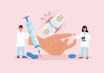 Doctors prescribe treatment. Hand with crooked fingers suffering from rheumatoid arthritis. Vector illustration in cartoon style.