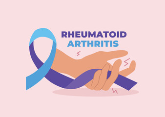Hand with crooked fingers holding blue-purple ribbon. World Rheumatoid Arthritis day. Vector illustration in cartoon style.