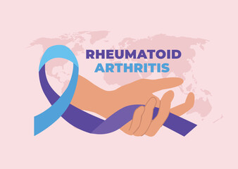 Hand with crooked fingers holding blue-purple ribbon with a world map on the background. World Rheumatoid Arthritis day. Vector illustration in cartoon style.