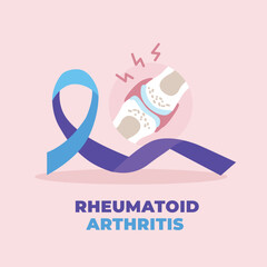 An inflamed joint in pain. Blued and purple ribbon. World Rheumatoid Arthritis day poster. Vector illustration in cartoon style.