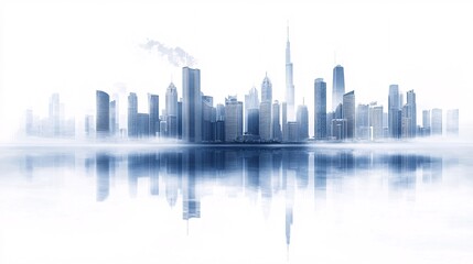 Obraz premium Misty city skyline reflected in calm water. Generative ai
