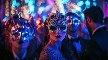 A vibrant New Year's 2025 masquerade ball with colorful masks and elegant decor