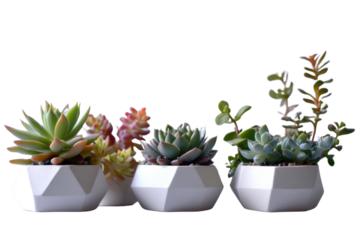 Succulents in geometric pots, blending nature with modern design isolated on transparent and white background.PNG image