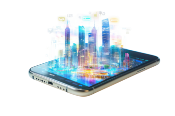 Smart City in Your Pocket: Futuristic cityscape rising from a smartphone screen, symbolizing the power of mobile technology and urban innovation.