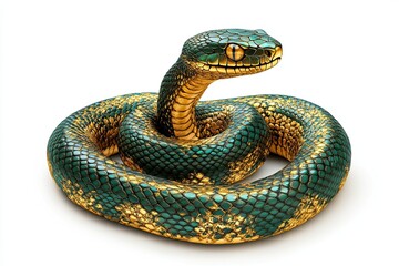 Fototapeta premium illustration of gold green snake with intricate carvings textured skin on white background 