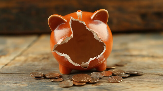 Broken piggy bank with coins scattered around, symbolizing financial struggle and the need for careful budgeting and saving.