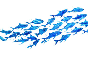 Fototapeta premium Blue Fish School: An illustration of a vibrant school of blue fish swimming in a graceful, wave-like formation. Captures movement and unity in nature. 