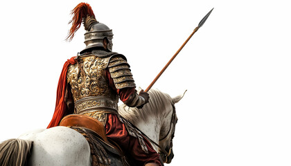 Fototapeta premium A knight in ornate armor riding a white horse, poised with a spear.