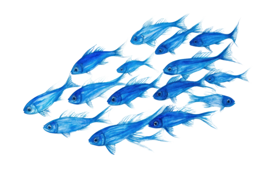 Blue Fish School: A mesmerizing watercolor painting of a school of vibrant blue fish gracefully swimming together.  Their synchronized movements create a sense of unity and fluidity.