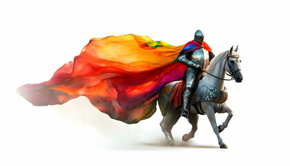 Fototapeta premium A knight in armor rides a horse, adorned with a colorful flowing cape.