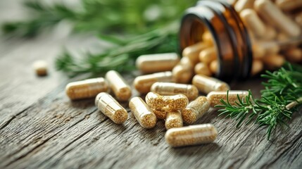 Natural Herbal Capsules with Spilled Bottle on Rustic Wooden Surface