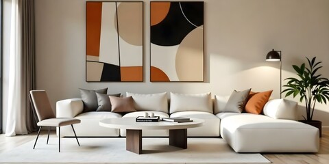 Two abstract paintings with geometric shapes and patterns in shades of orange, black, and beige . The paintings are hung on a white wall above a white sofa with neutral-colored cushions and a round.
