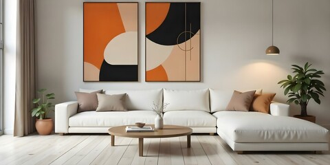 Two abstract paintings with geometric shapes and patterns in shades of orange, black, and beige . The paintings are hung on a white wall above a white sofa with neutral-colored cushions and a round.