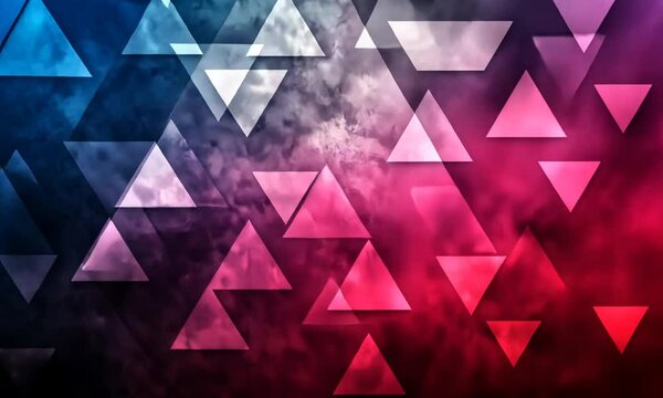 Abstract grunge background with overlapping triangles in blue, pink, and red tones.