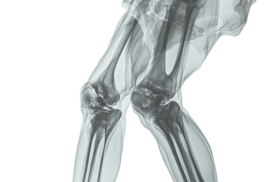 X-ray of knees focusing on joint health, detecting injuries or degenerative diseases, isolated on transparent and white background.PNG image	
 