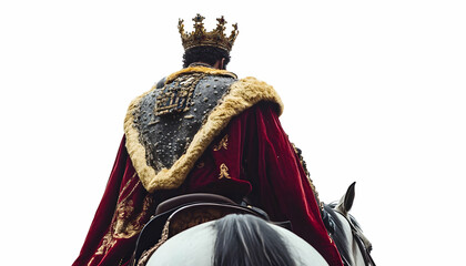 Obraz premium A regal figure in a crown and ornate attire riding a horse, symbolizing power and tradition.