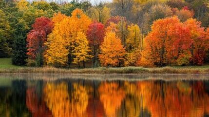 Fototapeta premium A scenic autumn landscape with trees displaying brilliant shades of orange, red, and yellow, reflecting the fall season