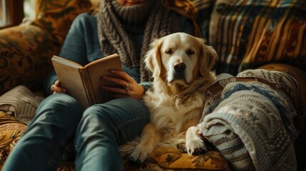 Golden Retriever sitting peacefully on a cozy couch next to an open book, wrapped in soft blankets by a window