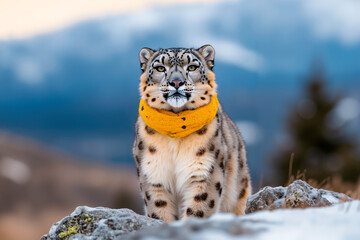 A snow leopard wearing a yellow scarf standing on a rock