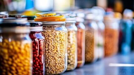 Glass jars filled with various dried grains and beans. Generative ai