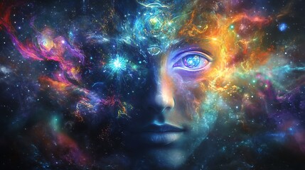 Cosmic being, nebula face, surreal portrait.