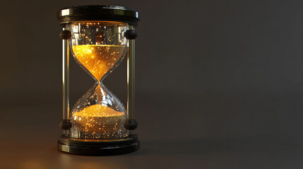 Sand hourglass, vintage clock, timer with transparent glass and gold particles. Banner of running time, loading concept with sandclock and copy space, 3d render illustration. 3D Illustration
