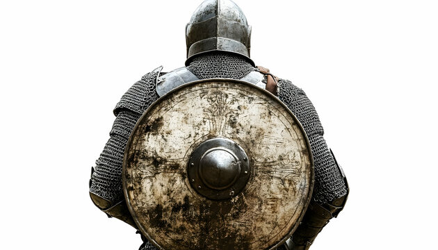 A medieval knight in armor, facing away, holding a round shield.