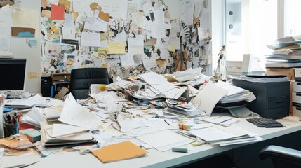 Disorganized Office Space with Piles of Paper and Cluttered Walls